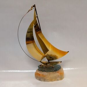 DeMott Brass Metal Sailboat Sculpture dolphins Stone Base VTG Signed Mid Century